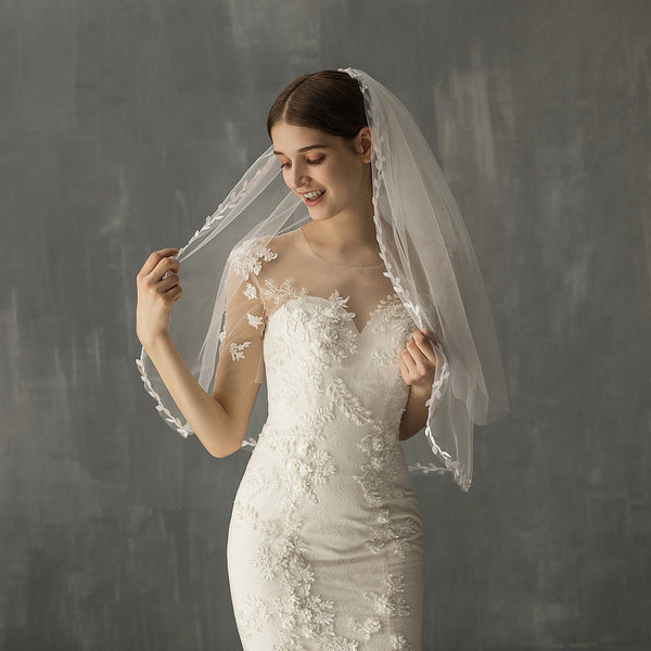 Forest Style Two Tier Elbow Veil with Leaf Edge