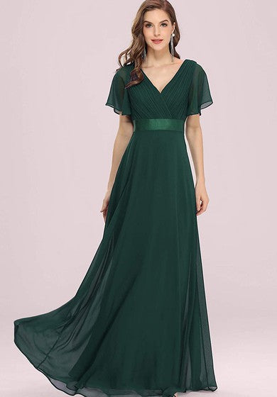 Elegantes Chiffon-A-Linien-Ballkleid mit V-Ausschnitt und kurzen Ärmeln und Rüschen