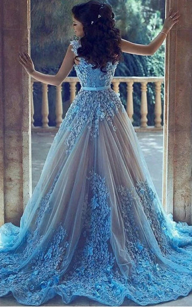 Blue Sleeveless A-line Tulle Ball Gown Applique Prom Wedding Dress