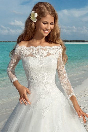 A-Line Long Off-The-Shoulder T-Shirt-Sleeve Lace-Up Organza Dress With Appliques