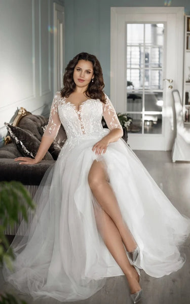 Plus Size Illusion 3-4-sleeve A-line Ball Gown V-neck Wedding Dress with Sweep Train