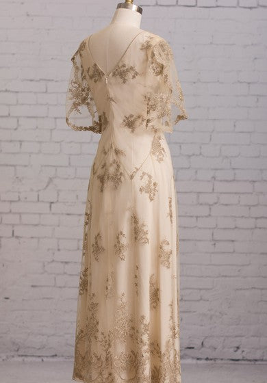 Sheath With Illusion Butterfly Sleeves V Back Goldline Embroidery Brush Train Dress