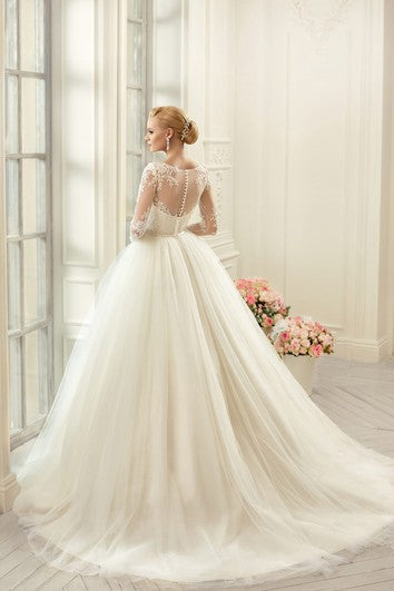 Ball Gown Floor-Length Jewel Long-Sleeve Illusion Tulle Lace Dress With Appliques