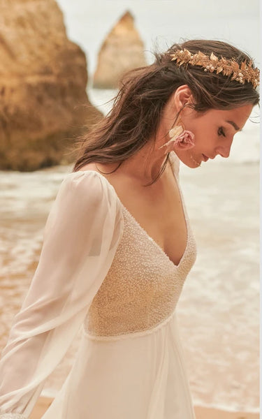 Boho V-Back Chiffon Illusion Long Sleeve Beach Wedding Dress with Beaded Top