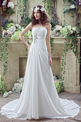 Newest Strapless White Beadings Wedding Dress A-line Sweep Train