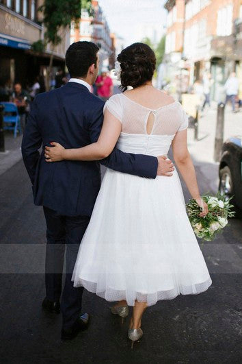 Tulle Vintage Tea length Cap Sleeve Wedding Dress With Keyhole