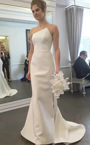 Simple Asymmetrical Sheath Solid Satin Wedding Dress