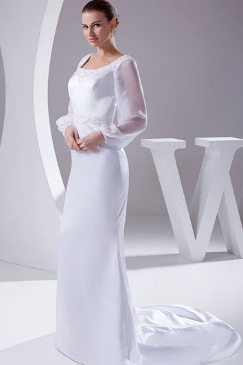 Square-Neck Beaded Mermaid Satin Dress With Long-Sleeve Design and Court Train