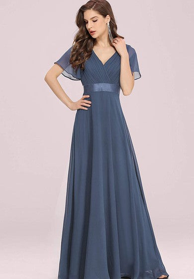 Elegant Chiffon V-neck A Line Short Sleeve Prom Mother Dress With Ruffles