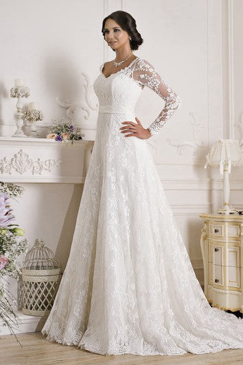 A-Line Floor-Length V-Neck Illusion-Sleeve Corset-Back Lace Dress With Appliques And Bow