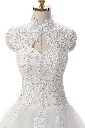 A-Line Short High Neck Straps Cap Ruching Beading Appliques Backless Corset Back Straps Keyhole Tulle Lace Sequins Dress