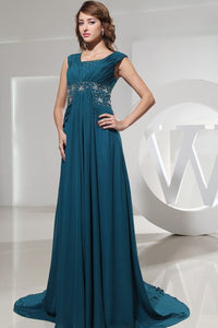 Chiffon Floor-Length Beaded Dress With Pleats and Ruching