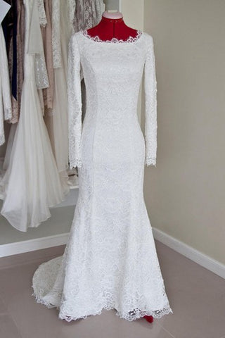 Lace Bateau Neck Long Sleeve Mermaid Wedding Dress With Buttoned Back