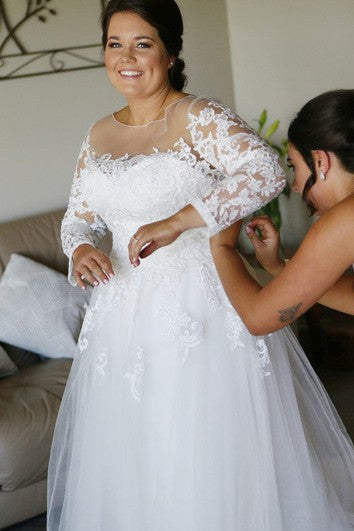 Modern A Line Lace Floor-length Long Sleeve Illusion Wedding Dress with Appliques