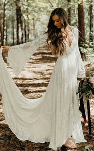 Bohemian Plunged Bell-sleeve Empire Lace Pleated Front Split Wedding Dress