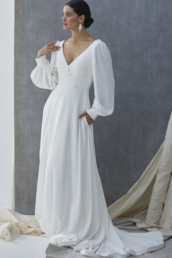 A Line Sexy V-neck Wedding Dress with Pockets and Train