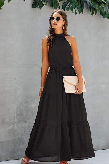 Jednoduché šifónové šaty s halter výstřihem, áčkovým střihem, bez rukávů, na ples, formální, s volánky