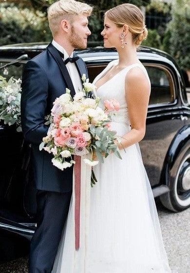 Tylová podlahová svatební šaty s vlečkou A-line bez rukávů romantické