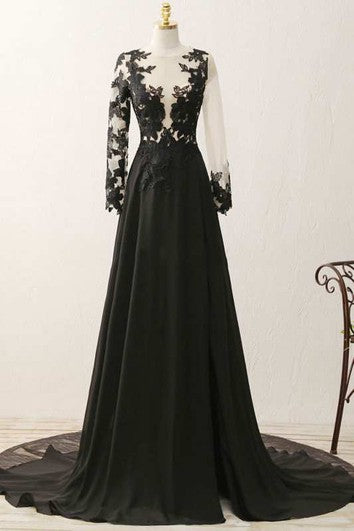 Illusion Lace Long Sleeve A-line Long Chiffon Gown