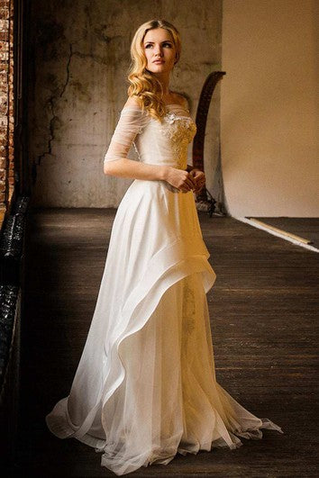 Chiffon Tulle Lace Button Back Wedding Dress