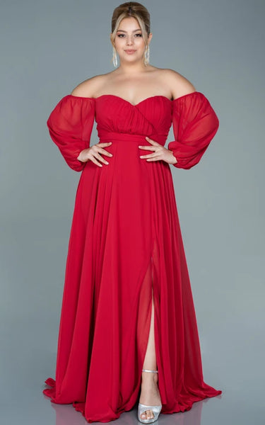 Off-the-shoulder Sweetheart Empire Plus Size Chiffon Front Split Evning Dress