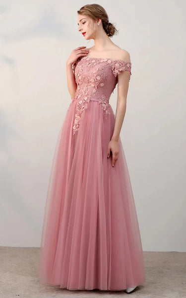 Blush Off-the-shoulder Empire Tulle Lace Applique Pleated Floor-length Prom Dress