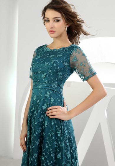 Embroidered Short-Sleeve Long Dress With Illusion Top