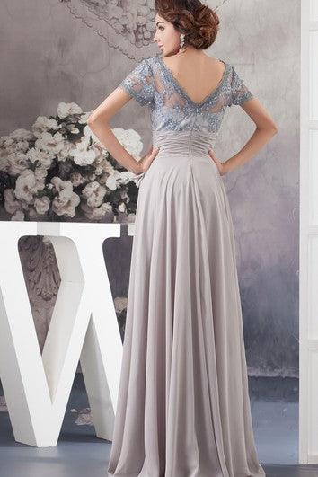 Chiffon Pleated Illusion Caped Sleeve and Gown With Bow