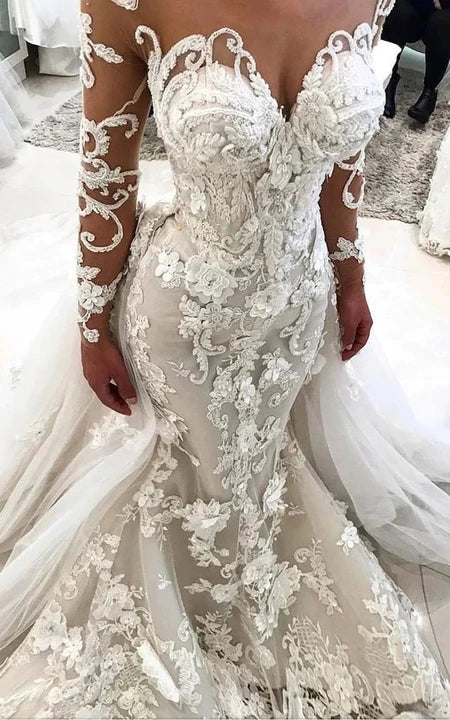 Sophisticated Long Sleeve Illusion Mermaid Applique Sweetheart Wedding Dress