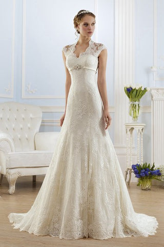 A-Line Floor-Length V-Neck Cap-Sleeve Keyhole Lace Dress With Appliques