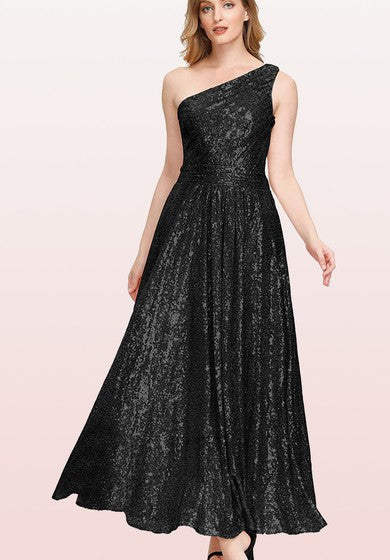 Vintage One-shoulder A Line Sleeveless Ankle-length Sequins Bridesmaid Dress With Ruching