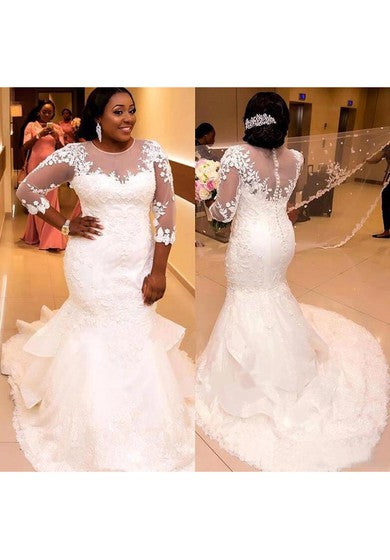 Transparentes Meerjungfrau-Brautkleid in Übergröße mit 3–4 langen Ärmeln