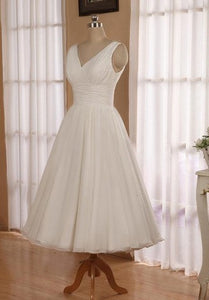 V-Neck Sleeveless Tea-Length Chiffon Wedding Dress With Ruching And Low-V Back