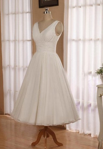 V-Neck Sleeveless Tea-Length Chiffon Wedding Dress With Ruching And Low-V Back