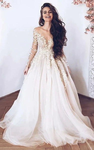 Charming Elegant Illusion Long Sleeve Lace Empire A-line Wedding Dress