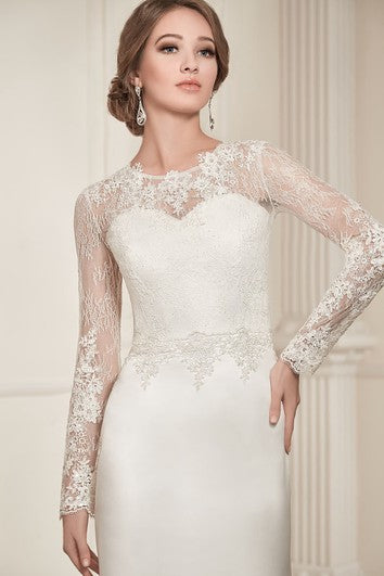 Sheath Long Jewel-Neck Illusion-Sleeve Lace-Up Satin Dress With Keyhole