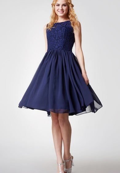 Glamorous Jewel Neck Pleated Knee Length Chiffon Dress With Satin Sash