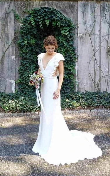 Simple Plunged Cascading Sheath Solid Wedding Dress