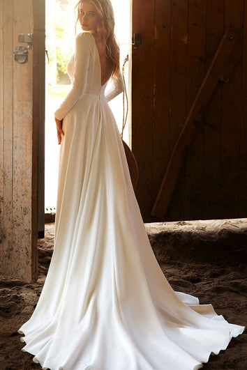 Modern A Line Satin Plunging Neckline Brush Train Wedding Dress