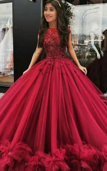 Cap Scoop-neck Red Ball Gown Quinceanera Ruffled Prom Dress