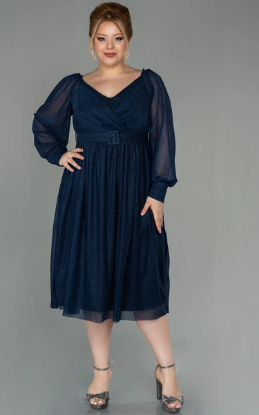 Casual Long Sleeve V-neck Criss-cross Empire Tea-length Plus Size Mother of Bride Dress