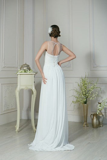 A-Line maxi šaty bez rukávů s výstřihem do oblouku, šněrováním, plisováním a korálkováním z šifónu