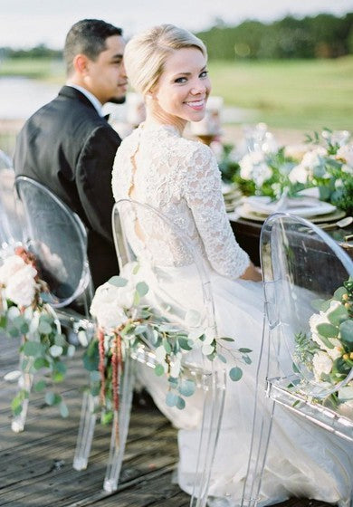 3 4 الأكمام الطويلة مفتوحة الظهر عتيقة لؤلؤي الدانتيل v فساتين الزفاف