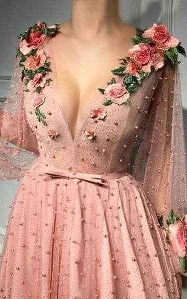 Sexy Blush Plunged-neckline Puff-long-sleeve Pleated Floral Formal | Evening Dress