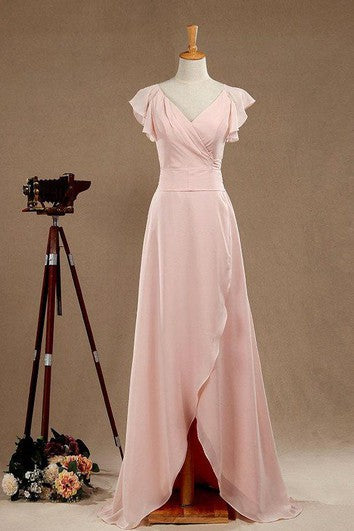 Dlouhé šaty z šifónu s výstřihem do V, lodičkovými rukávy, áčkovým střihem, rozparkem a páskem