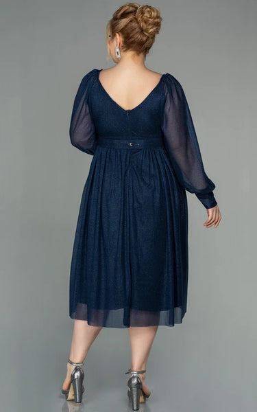 Casual Long Sleeve V-neck Criss-cross Empire Tea-length Plus Size Mother of Bride Dress