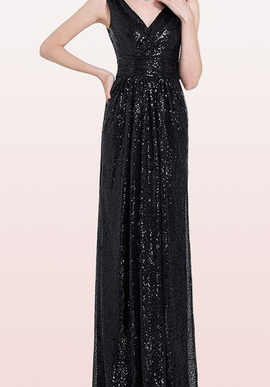 V-neck A Line Sleeveless Floor-length Sequins Bridesmaid Dress With Ruching