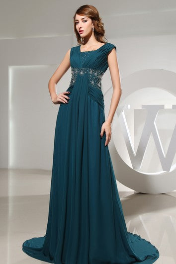 Chiffon Floor-Length Beaded Dress With Pleats and Ruching