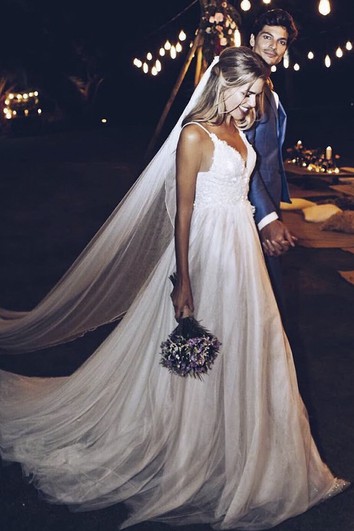 Tulle Wedding Dress With Deep V-neck Open Back And Flowers And Lace Appliques