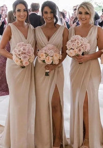 Sexy Sleeveless Sheath Deep V-neck Front Split Bridesmaid Dress With Ruching